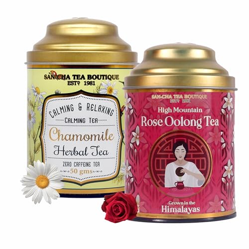 Image of Sancha Tea Boutique, Tea Combo Pack: Chamomile Herbal (50g), Caffeine Free Herbal Tisane & Rose Oolong Teas (50G), Best for Weight Watchers