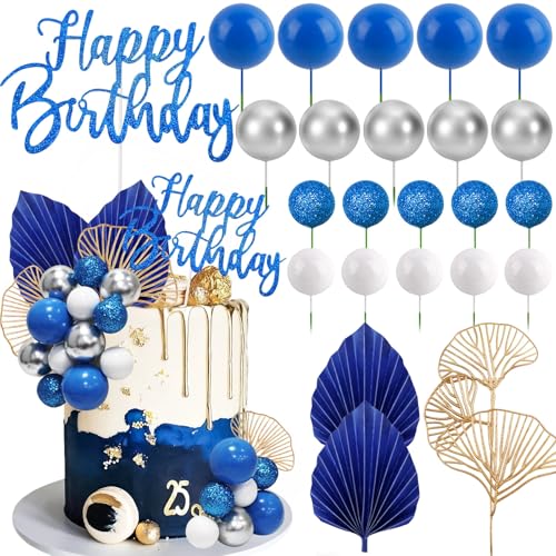 Morofme Blue Silver Balls Cake Decorations Navy Blue Themed Cupcake Toppers White Silver Balloon Cake Topper Glitter Happy Birthday Cake Decor Elegant Boho Cupcake Picks for Wedding Men Birthday Party