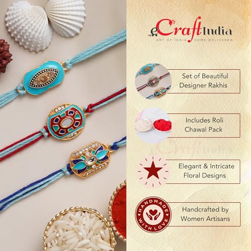 Image of eCraftIndia Set of 3 Beautiful Floral Designer Rakhis, Best Bro Ever Fridge Magnet with Roli Chawal Pack - Rakhi for Brother, Bhaiya, Bhai