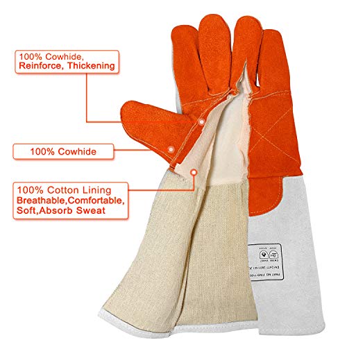 Foowoo Cowhide Leather Stick/Mig Welding Gloves With Kevlar Heat/Fire Resistant Thread,Mitts For Fireplace,Stove,Oven,Grill,Pot Holder,Plasma Cutter,Animal Handling,16" Long Sleeve/Welder Hand Protect #TOP5