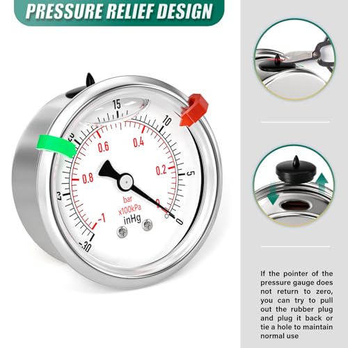Image of -30inHG-0PSI Stainless Steel Glycerin Liquid Filled Vacuum Pressure Gauge 1 /4 inch NPT 2.5 inch Face Dial, Back Mount, for Water, Oil and Air Pressure Testing (with Range Mark Pointer)