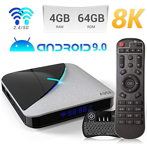 Android 9.0 TV Box,A95X F3 Air Smart TV Box con Amlogic S905X3 Quad-Core Cortex-A55 CPU,4GB RAM/64GB ROM Admite 8K 3D 2.4GHz/5.0GHz WiFi Bluetooth 4.0 con Mini Wireless Backlight Keyboard