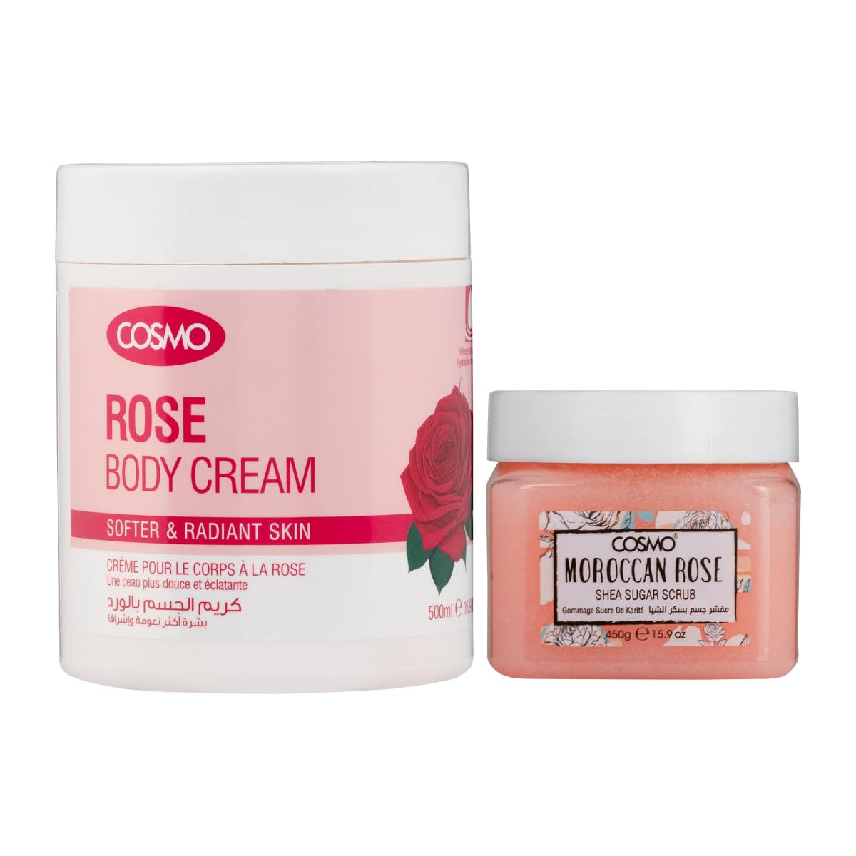 Cosmo Bath & Body Set Rose Body Cream 500ml & Moroccan Rose Shea Sugar Scrub 450g Combo | Hydrate | Moisturizer | Brightening | Fast Absorbing | Non Greasy | Deep Exfoliate Scrubber | For Men & Women-image-34