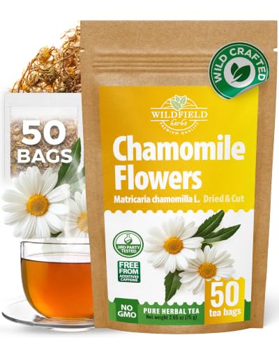 Image of 50 Bags Chamomile Flowers Herbal Tea (Matricaria Chamomilla) - 50 Count 1.5g Bags Dried Chamomile Flower Herb Tea
