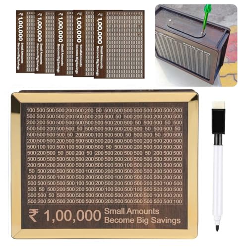 Image of Golden Money /Piggy Bank Reusable +5 Sheet for Savings Challenge Box 1,00,000 Coin Bank