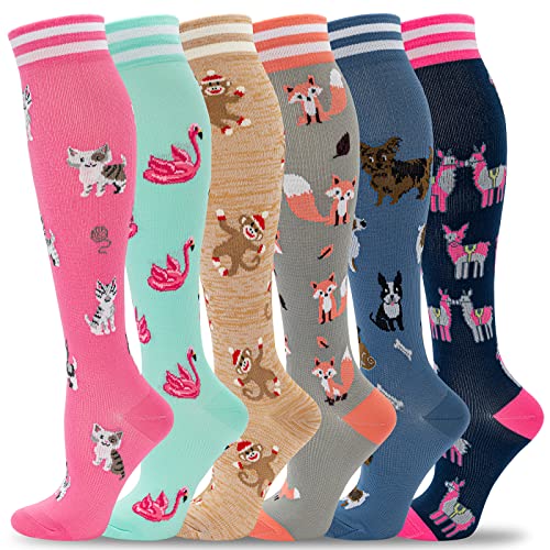 Fenglaoda Compression Socks Women 20-30 Mmhg 6 Pairs,Knee High,Wide Calf,Colorful,Novelty,Fun,Cute,Best Support Stockings For Running,Sports,Travel,Flight,Nurse,Pregnancy #TOP12