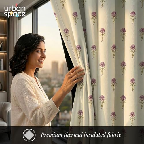Image of Urban Space 100% Blackout Window Curtains 5 Feet Long Set of 2 | Printed Blackout Curtain | Thermal Insulated Curtains for Living Room, Bedroom Decor, Tieback Included (Moonstem, 5 Feet)