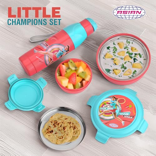 Image of Asian Plastowares Little Champions 3-in-1 Insulated Lunch Box Set for Kids | 700ml Steel Tiffin, 500ml Water Bottle | Leakproof, BPA Free | Red & Blue | Must-Have Back to School Set