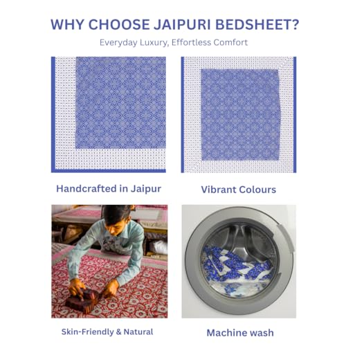Image of JAIPUR PRINTS 100% Cotton Bedsheet for Double Size Bed bedsheets Rajasthani Jaipuri Printed Double Size Bedsheet with 2 Pillow Cover / 90x100 inch / 235x215 cm / (Blue & White)