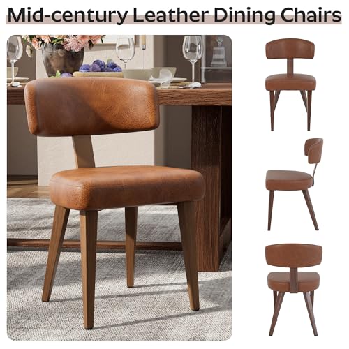 Image of Wood Dining Table Set for 4, 47 inch Round Kitchen Table with 4 Faux Leather Dining Chairs, MDF Tabletop with Metal Legs, Ergonomic Dining Chair with Metal Legs(Woodgrain Table with Brown Chairs)