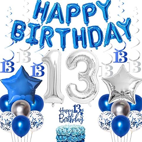 Jollyboom 13th Birthday Decorations Blue for Boys Girls Teenager Birthday Party Supplies 13th Birthday Hanging Swirls Cake Topper Balloons Banner Cover