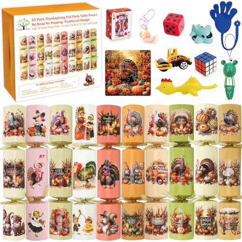ceiba tree Thanksgiving Crackers Poppers No-Snap No Popping 10 PCS Prefilled with Mini Toys Gifts Prizes & Hats & Joke Tradition Turkey Party Favors Dinner Table Games Activities for Kids Family