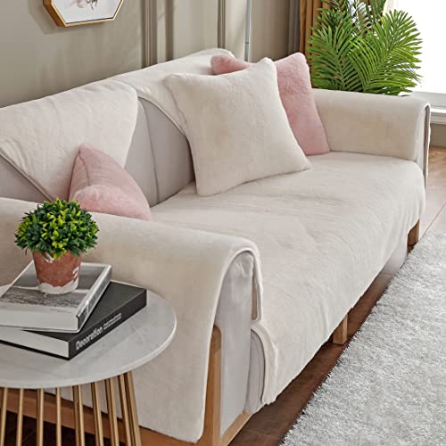 Vctops Luxury Soft Faux Fur Fleece Sofa Couch Covers Shaggy Fuzzy Non Slip Sectional Couch Cover Fluffy Plush Sofa Slipcover Furniture Protector For Living Room (Cream,36"X63") #TOP2
