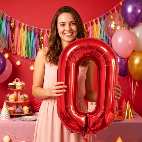 Image of Number Balloons Red Party Balloon - 40 Inch Large Number 0 Balloon, Numbers Balloon Birthday Decorations, Red Party Supplies for Anniversary