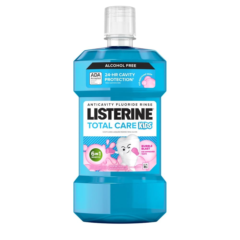 Listerine Total Care Kids Mouthwash, ADA Accepted, Alcohol Free Anticavity Sodium Fluoride Mouthwash, Oral Rinse for Cavity Protection, Bubblegum Flavor, 16.9 Fl. Oz, Pack of 3