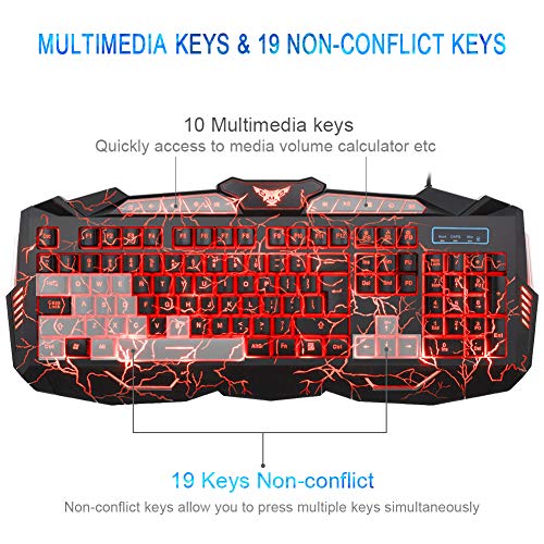 MFTEK Backlit Wired Gaming Keyboard and Mouse Combo with LED Gaming Headset Set, 50mm Speaker Driver Headphone + Mouse Pad for PC Gamer Computer Office