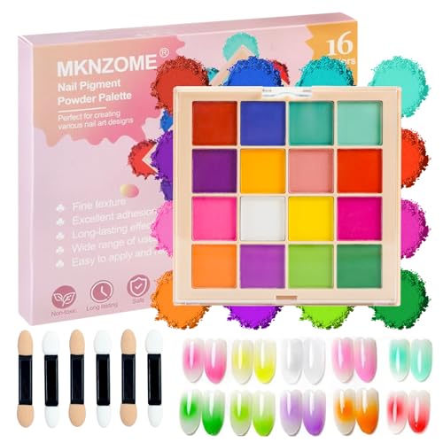 MKNZOME Nail Pigment Powder Palette, 16 Colors Solid Pigment Powder for Nails Set Pigmentos para Uñas, Nail Art Palette Manicure DIY Accessories