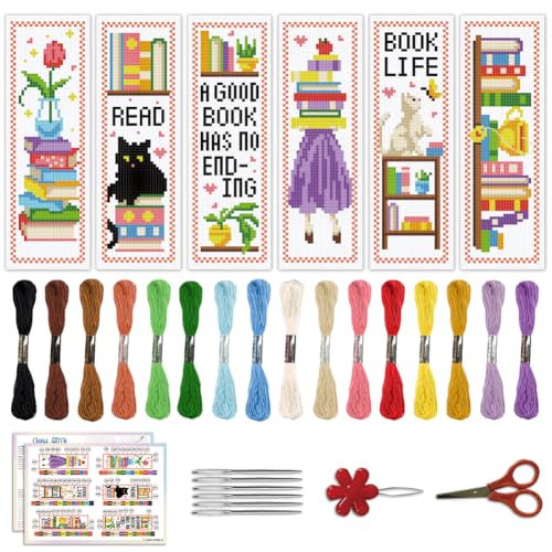 Image of ACRNIGHEET 6PCS Cross Stitch Bookmark Kit for Beginner Bookshelves Stamped Cross Stitch Kits for Adults DIY Embroidery Bookmark Kits Crossstitch Kits Adult with Instructions Hand Craft Gift 11CT