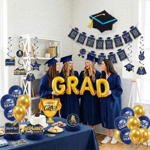 Image of Graduation Decorations 2026 - Navy Blue and Gold Party Supplies Kit & with Banner, Grad Balloons, Table Centerpieces & Hanging Swirls for Class of 2026 Graduate Prom Decorations