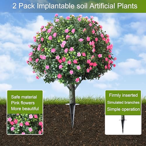 2-Pack Artificial Boxwood Topiary Ball Plant with Pink Flowers, Ground Stake, UV-Resistant Outdoor & Indoor Decorative Flowers - Image 5