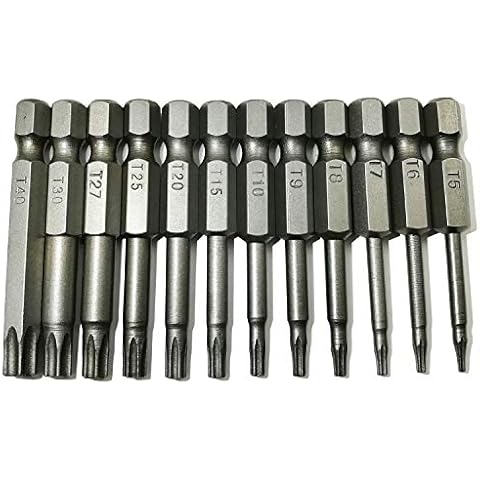 YDLQWCZ Torx Head Screw Driver Bit 12 Pcs Security Torx bit set T5 T6 T7 T8 T9 T10 T15 T20 T25 T27 T30 T40 Size 2 inch Length 1/4 Hex Shank S2 Steel Magnetic Star 6 Point Screwdriver bit set Cover
