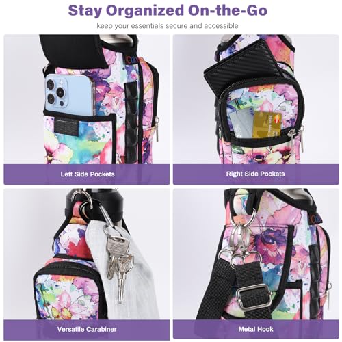 Image of icolor Magnetic Water Bottle Holder Gym Bottle Carrier Bag with Phone Pockets & Gym Accessories Organizer for Men Women,5 Magnets Gym Phone Bag Pouch Sleeve with handle Shoulder Strap (Color-Flower)