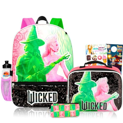 Wicked Backpack and Lunch Box Set - Bundle with 16 Elphaba and Glinda Backpack Lunch Bag Water Bottle Pencil Holder Tattoos More | Wicked School Bag Set