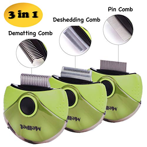 MelPet 3 in 1 Pet Grooming Comb Tools, Deshedding Brush/Flea Comb/Dematting Comb for Small Dog Cat Tangled Knots Matted Fur Fleas Removal (Green)