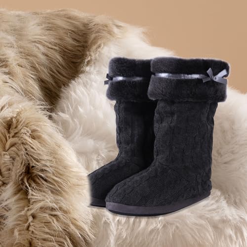 Women's Knit Slippers Indoor Warm Fluffy Home Bootie Slippers Anti-Slip House Shoes with Cute Pom Poms Soft Cozy Ankle Boots for Women 6