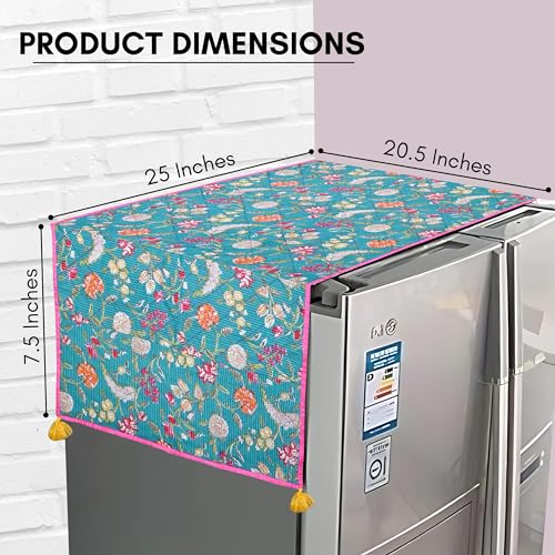 Image of Astitva Dust-Proof Fridge /Refrigerator Cover Cotton Washing Machine Top Protector with Side Storage Bags Universal Cover Cloth (Size - 103cm x 53cm, Each Pocket Size: 20 x 14 Cm) - Turquiose
