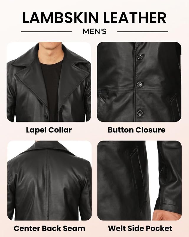 Image of Blingsoul Men's Leather Car Coat - Genuine Lambskin Long Leather Jacket for Men, Real Leather Coat with Lapel Collar