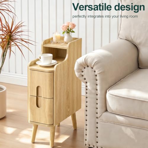 Image of FurSch Narrow Nightstand, Wooden 2 Drawer, Natural, Set of 2