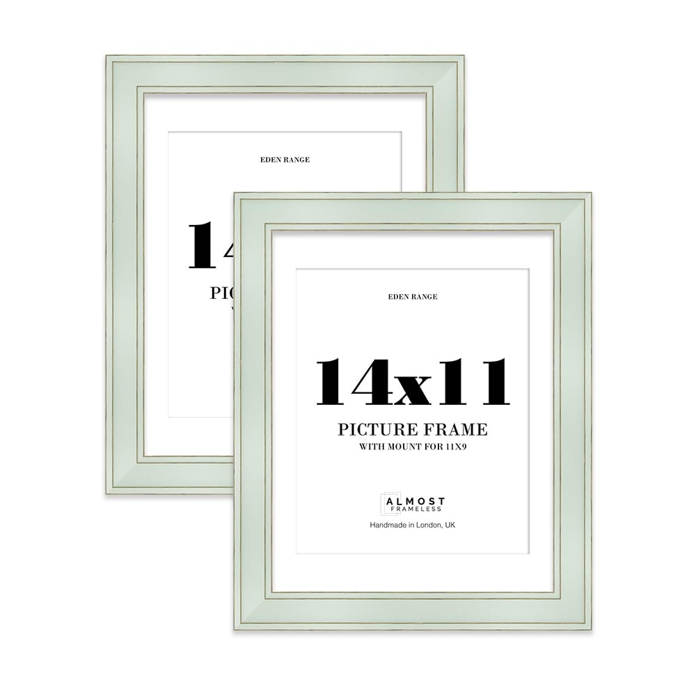 14x11" Sage Green Picture Frame with 11x9" Mount - Shabby Chic Photo Frame with Distressed Finish, Gold Trim, Wall Hooks and Kickstand, 37mm Edge - 2 Pack