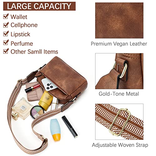 Bostanten Small Crossbody Purse For Women Triple Zip Cell Phone Leather Shoulder Handbag With Wide Guitar Strap Brown #TOP3