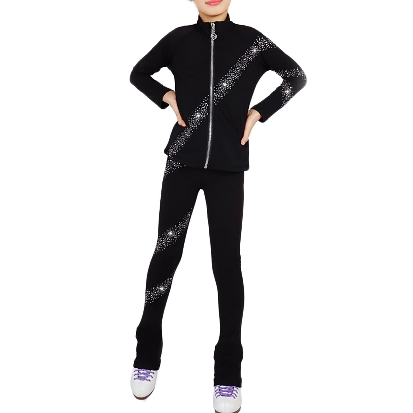 Chaqueta de Patinaje Artístico con Pantalones para Niña Mujer Entrenamiento Pantalones Largos Patinaje sobre Hielo Gimnasia con Diamantes de Imitación(Size:S.G,Color:Negro)
