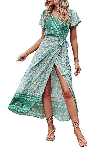 Image of PRETTYGARDEN Women Boho Summer Side Split Deep V Neck Short Sleeves Maxi Dress with Belt
