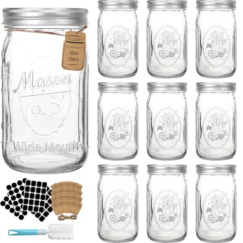 CycleMore Wide Mouth Mason Jars 32 oz 12 Pack Large Glass Mason Jar with Metal Airtight Lids and Bands 1 Quart Canning Jars for Pickling Fermenting Food Storage & DIY Projects