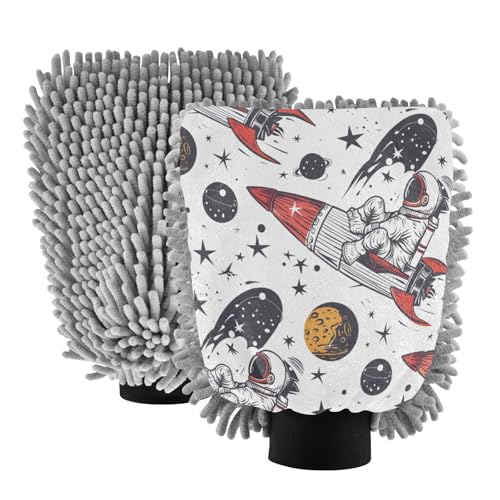 ALAZA Astronaut Rocket Stars Car Wash Mitt Scratch Free, 2 Pack Absorbent Microfiber/Chenille Washing & Drying Mitts, M