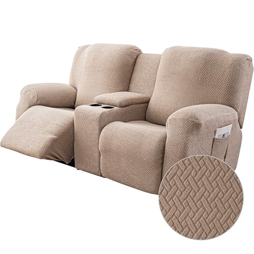 Image of Genina Recliner Loveseat Covers with Console, Stretch Reclining Sofa Covers, 2 Seater Couch Cushion Stripe Jacquard Recliner Slipcovers - Furniture Protector Covers for Pet Kid (Taupe)