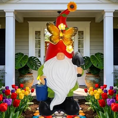 Arecyuer Spring Gnomes Garden Statues Decor, Solar Waterproof Large Gnome with LED Lights Funny Garden Sculptures Outdoor Patio Yard Decorations Lawn Ornaments Gifts for Women Mom