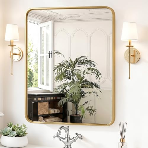Image of Sweetcrispy Bathroom Wall Mirror, 36x30 Inch Wall Mount Mirror for Over Sink, Modern Rounded Rectangle Vanity Mirrors with Matte Metal Framed, for Home Decor, Living Room, Bedroom, Gold