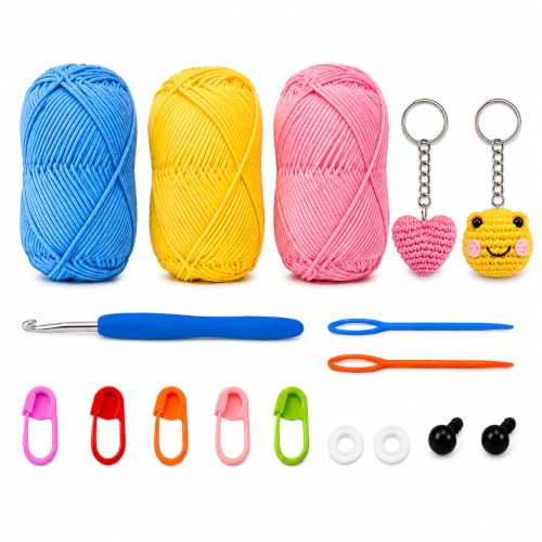 Image of Viharini Crochet Kit for Beginners with Yarn, Hooks, Stitch Markers, Knitting Needles, Eyes, Keychain, DIY Tools & Crochet Thread - Complete Crocheting Set for Adults and Kids (Blue Yellow Pink)