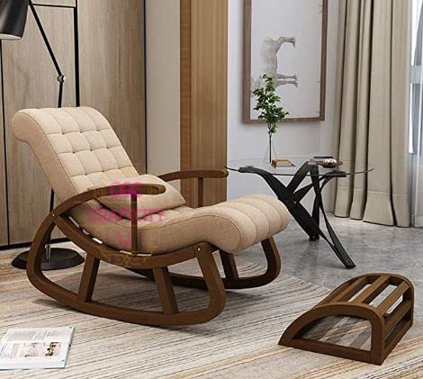 Image of CRAFTCITY Sheesham Wood Elegant Chair with Pillow and Matching Foot Stool /Living Room Chair /Rose Wood Rocking Chair,Pre-Assembled (Beige, Rocking Chair with Ottoman)