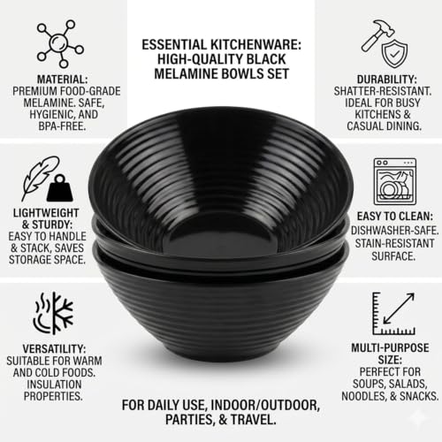 Image of Melamine Serving Bowls | Multipurpose Bowl Set | Mixing & Serving Bowls | Unbreakable, Lightweight, Food-Grade, Dishwasher Safe | Set of 3 (1000 ML Each) (Black)