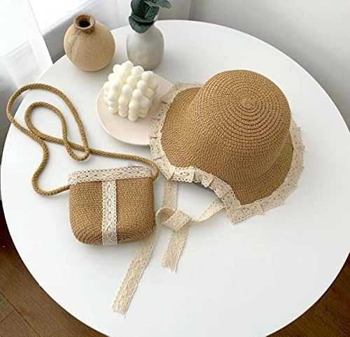 Kids Sun Hat Girls Lace Straw Hat Bucket Cap with Mini Cross Body Straw Bag Summer Beach Straw Hat Outdoor Travel image 5
