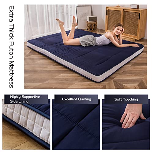 MAXYOYO Futon Mattress, Padded Japanese Floor Mattress Quilted Bed Mattress Topper, Extra Thick Folding Sleeping Pad Breathable Floor Lounger Guest Bed for Camping Couch, Navy, Full