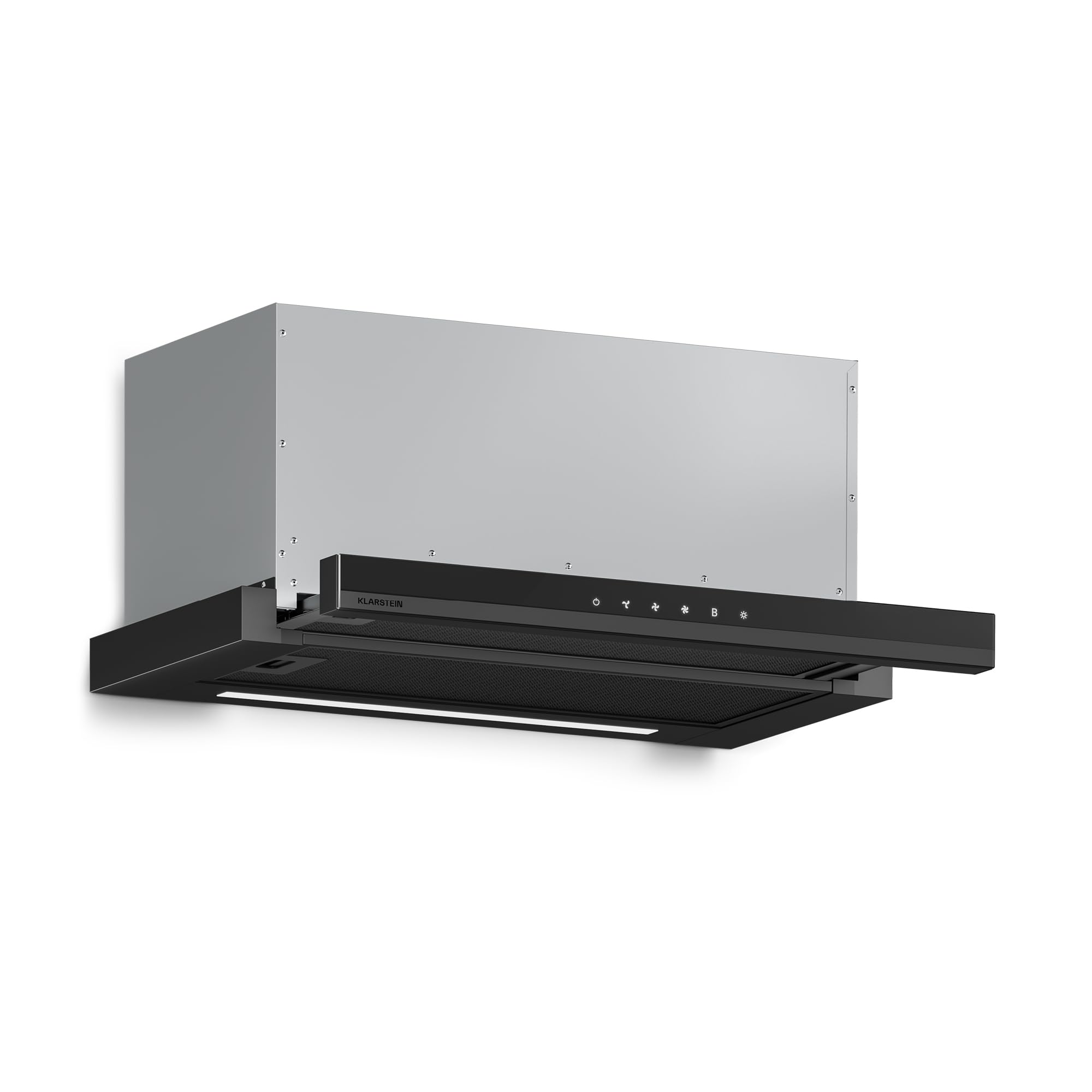 Klarstein Velaire Campana Extractora Integrada 60cm, 896 m³/h, Clase A++, Motor Silencioso, Control Táctil, LED, Filtros de Carbón, Campana Telescópica para Cocina Moderna, Negro