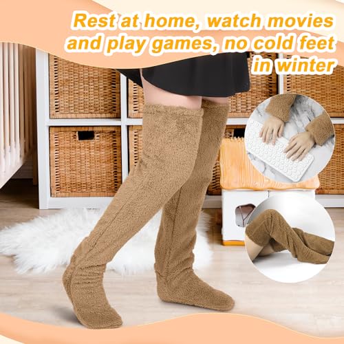 Image of Plush Warmth Long Socks, Over Knee High Fuzzy Socks Fuzzy Leg Warmers Plush Slipper Stockings Teddy Leg Long Sock Furry Long Leg Warmers Fuzzy Thigh High Socks for Women Winter Home Sleeping Socks