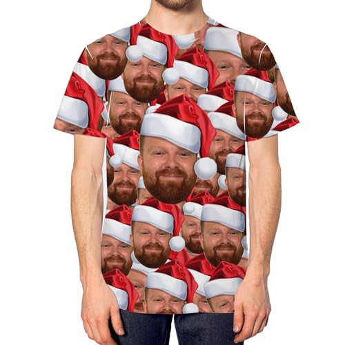 Image of Personalised Funny Face All Over Santa T Shirt Men Custom Xmas Top Father Christmas Tee, 3XL, White