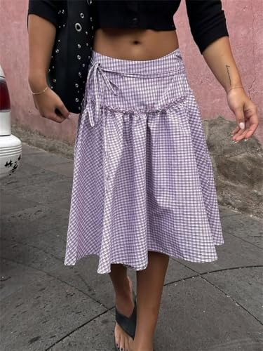 Women Y2K Plaid Midi Skirt Gingham Low Waist Tie Up A Line Frill Ruffle Hem Maxi Skirts Vintage Teen Girls Streetwear2